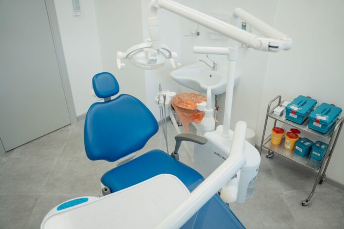 Dental chair and equipment in a clinical setting